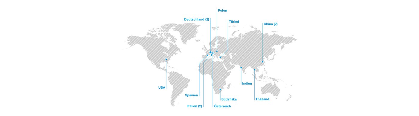 Weltkarte mit allen Produktionsstandorten der BWF Group