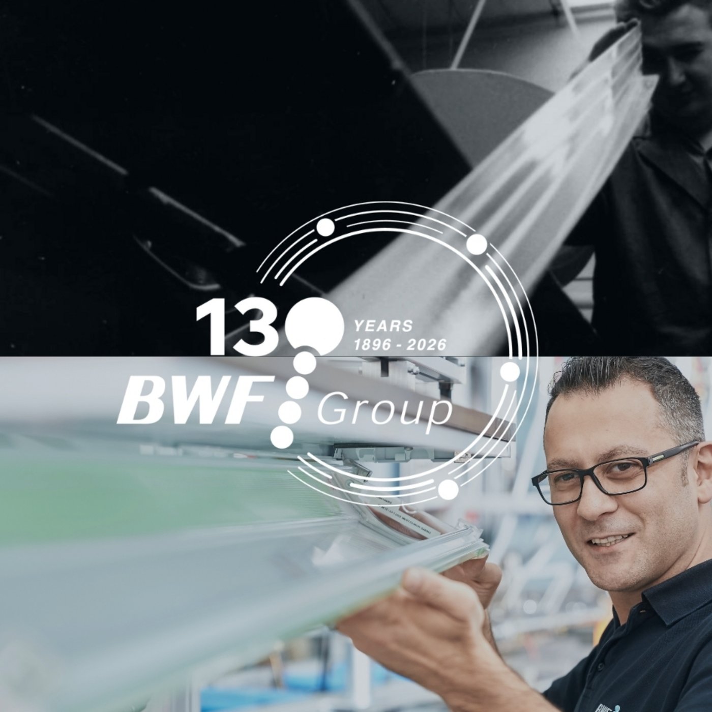 130 years of the BWF Group – comparison of a historical image with a new image showing a man holding a plastic profile