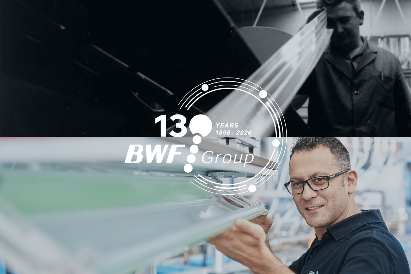 130 years of the BWF Group – comparison of a historical image with a new image showing a man holding a plastic profile
