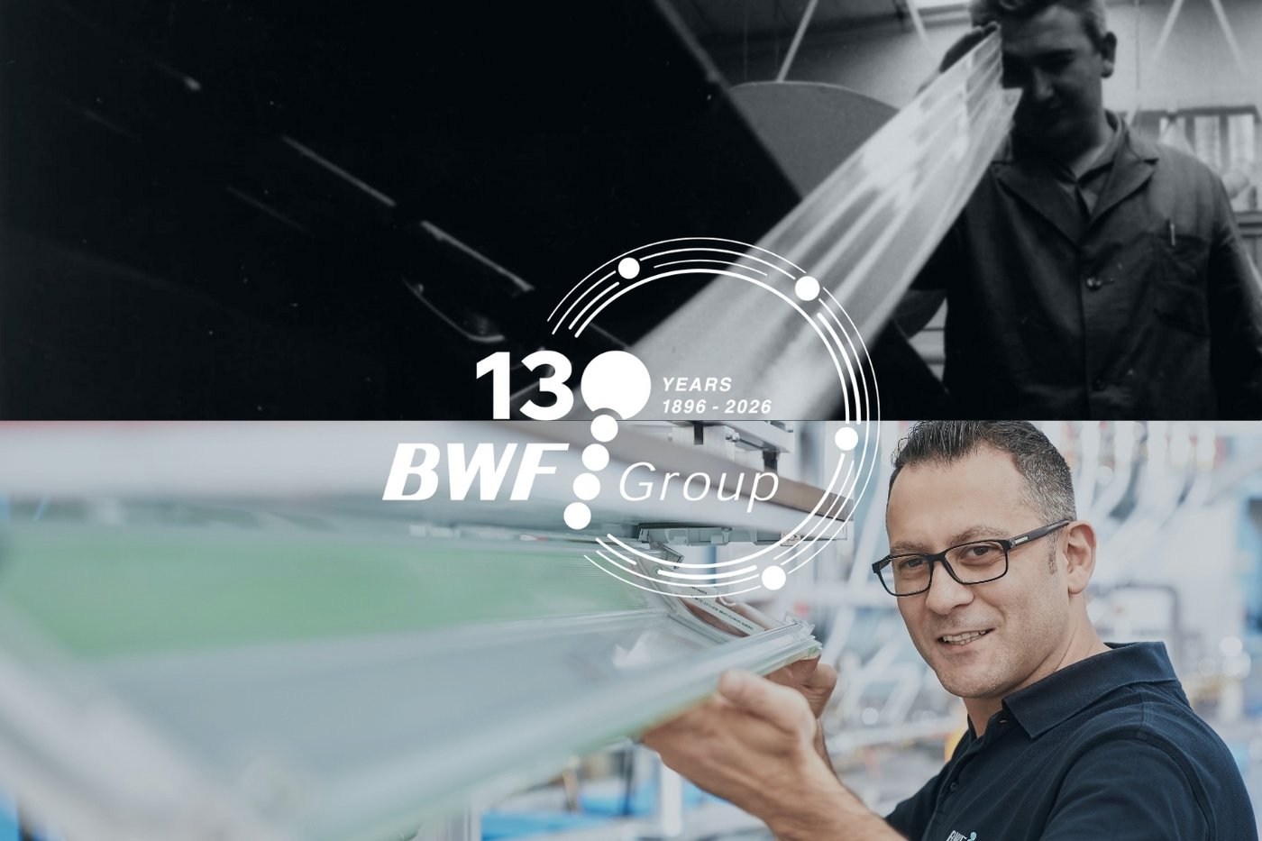 130 Jahre BWF Group - Vergleich historisches Bild zu neuem Bild bei dem ein Mann ein Kunststoffprofil hält