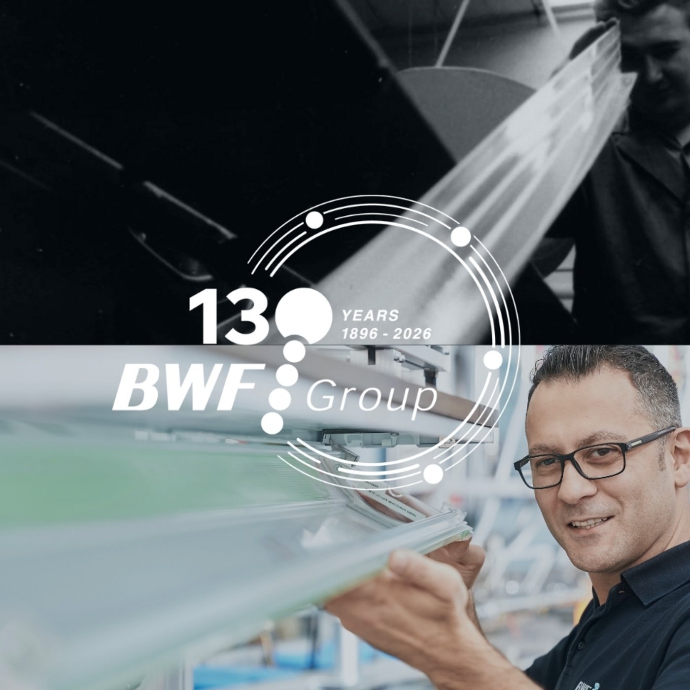 130 Jahre BWF Group - Vergleich historisches Bild zu neuem Bild bei dem ein Mann ein Kunststoffprofil hält